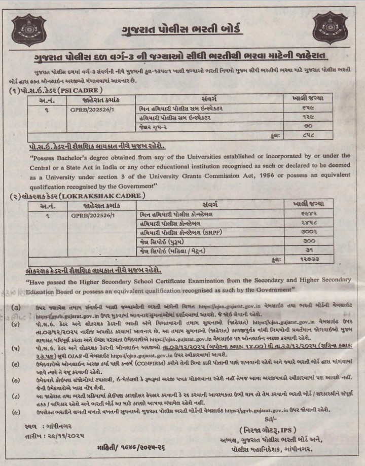 Gujarat Police Bharti 2025-26